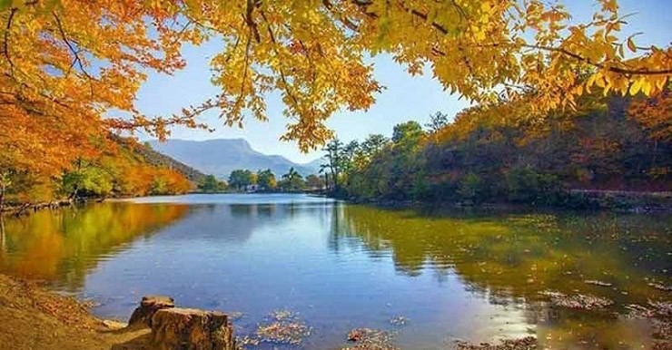 نمای دریاچه شورمست و درختان اطراف در پاییز