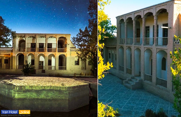 دو تصویر از باغ بهلگرد در شب زیر آسمان پر ستاره و نمای آجری ایوان عمارت آن