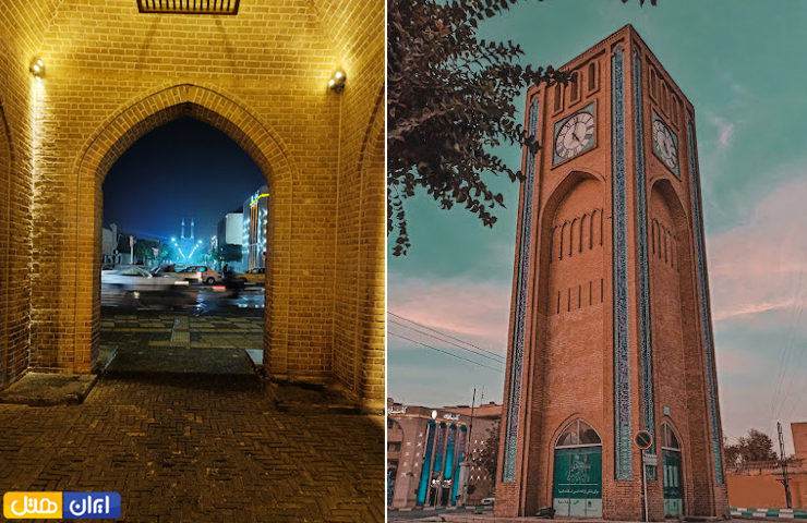 جاهای دیدنی یزد با عکس و آدرس 20 دو تصویر از برج ساعت در میانه میدان ساعت یزد در روز و شب