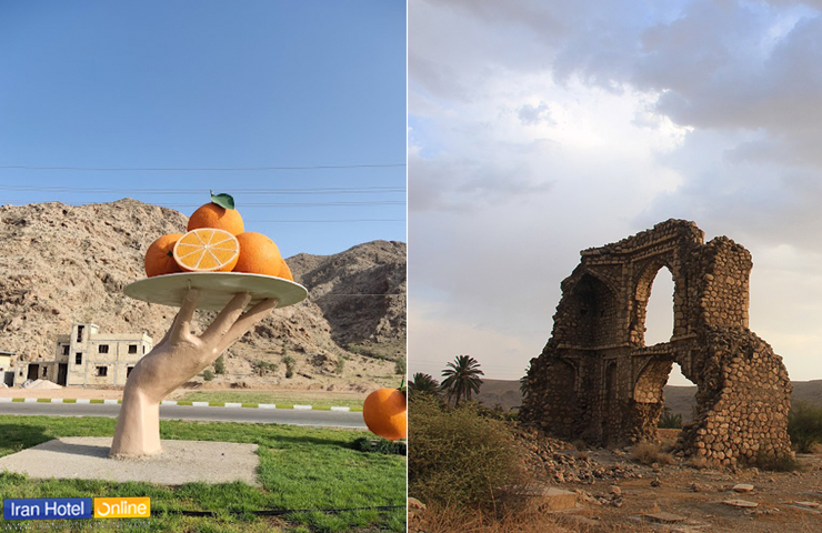 مجسمه ظرف مرکبات محلی در یکی از میدان های داراب و تصویر بقا یک اثر تاریخی در داراب