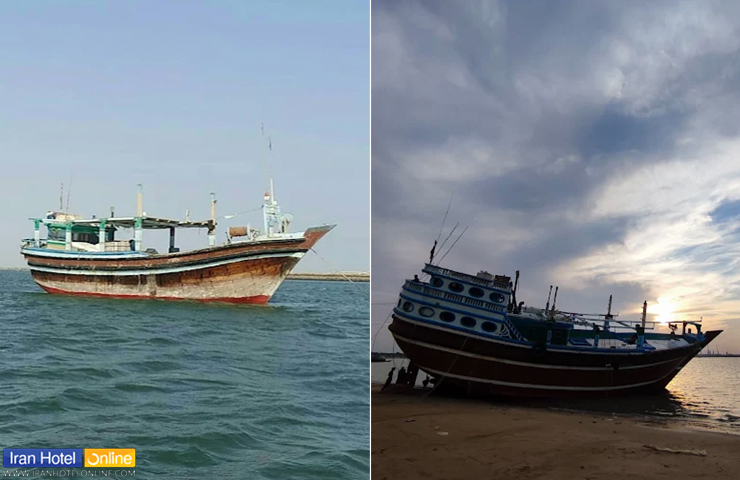 قایقی بر دریا و لنجی پهلو گرفته در ساحل چشم‌نواز دریا کوچک چابهار