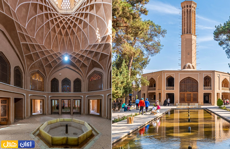 جاهای دیدنی یزد با عکس و آدرس 1 دو عکس تماشایی از نمایی داخلی عمارت دولت آباد و فضای باغ با حوضی بزرگ از جاهای دیدنی یزد