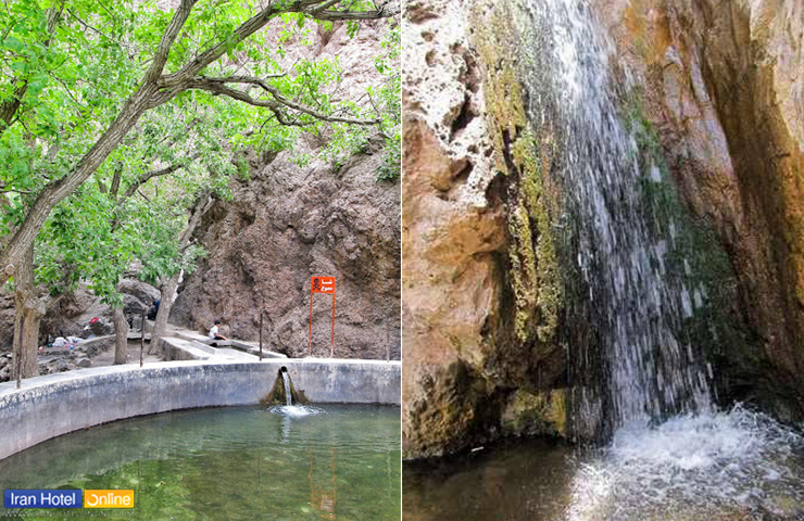 تصویری زیبا از آبشار گیوک و عکسی از حوضچه‌ای زلال در نزدیکی آن در فصل بهار