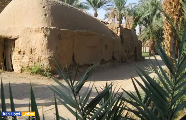 عکسی از بقایای ساختمان برج هاردرباش طبس دی کنار نخل‌ها