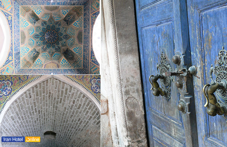 جاهای دیدنی کرمان؛ معرفی باغها، کویرها و جذابیتهای کرمان 30 درب چوبی آبی رنگ با دستگیرههای فلزی و تصویری از آجر کاری و کاشی کاریهای خانه ابراهیم خان کرمان