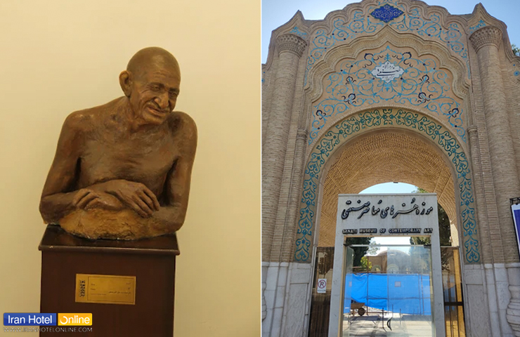 جاهای دیدنی کرمان؛ معرفی باغها، کویرها و جذابیتهای کرمان 43 سردر موزه هنرهای معاصر کرمان و تصویری از مجسمه ساخته شده توسط استاد صنعتی زاده