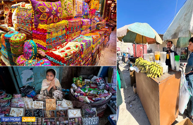 چند تصویر از دکه بازار چابهار و اجناس رنگارنگی مثل پارچه‌های سوزن‌دوزی شده