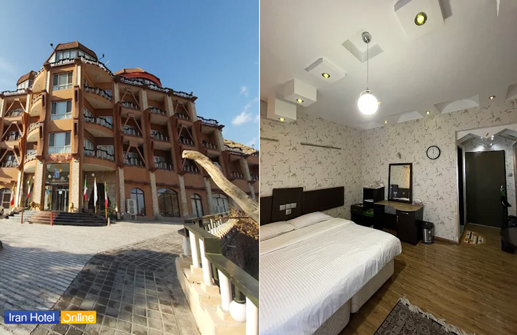 دو تصویر از نمای اصلی ساختمان و فضای اتاق دو نفره هتل کوهستان بیرجند