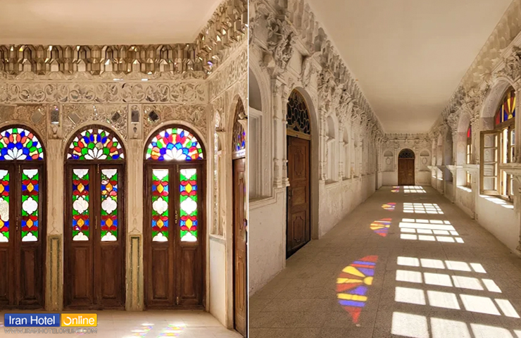 شیشه‌های رنگی عمارت رحیم آباد و نمایی از راهرویی دلنشین آن از جاذبه های دیدنی بیرجند