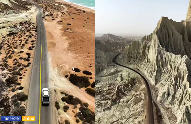 جاده زیبای ساحلی و کوه‌های مریخی از نمای بالا