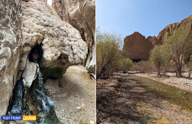 دو تصویر زیبا از رودی جاری و جوشش آب از دل صخره‌ها در طبیعت چشم‌نواز دره سر در طبس