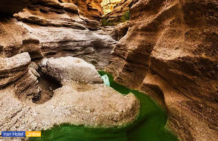 زلال سبز رنگ جاری در میان صخره های سنگ در دل چشمه مرتضی علی طبس