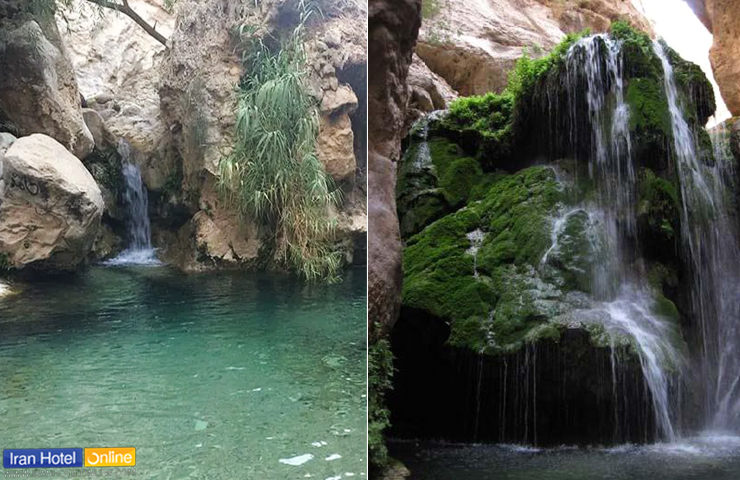 آبشار کاسه رود و عکسی از دیواره خزه‌ای این آبشار