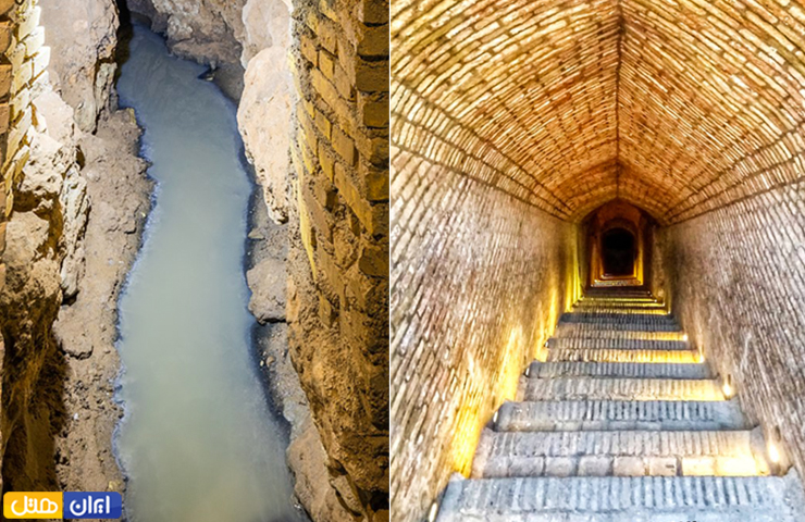 جاهای دیدنی یزد با عکس و آدرس 19 تصویر سمت راست پلههای متوالی رو به پایین در ورودی قنات و عکسی سمت راست از آب جاری و زلال در میان قنات