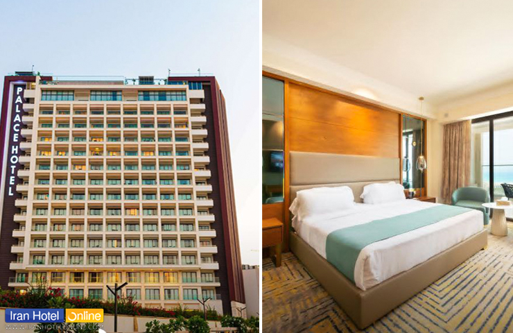 هتل های معروف کیش 1 دو عکس از نمای ساختمان مجلل هتل پالاس کیش و فضای داخلی یکی از اتاقهای لاکچری دو نفره آن