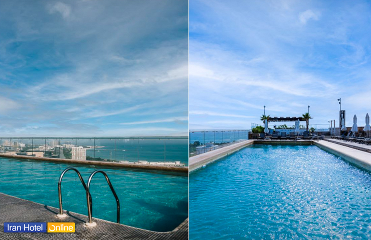هتل های معروف کیش 2 دو تصویر از فضای استخر بر روی پشت بام هتل با ویو جزیره کیش در هتل پالاس