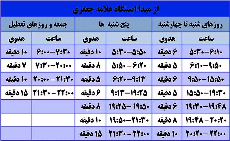 ساعت حرکت مترو تهران ایستگاه علامه جعفری خط 4