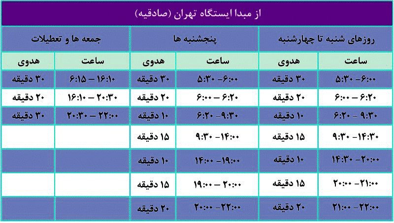 ساعت حرکت مترو تهران ایستگاه صادقیه خط 5