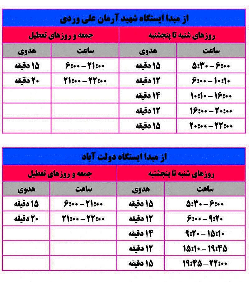 ساعت حرکت مترو تهران ایستگاه آرمان علی وردی