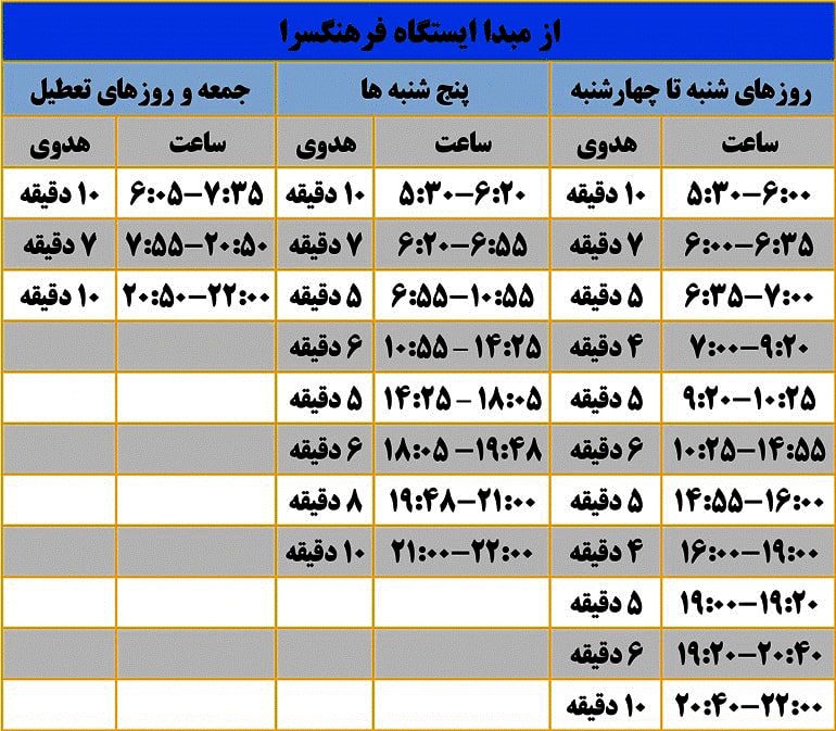 ساعت حرکت مترو تهران ایستگاه فرهنگسرا خط 2