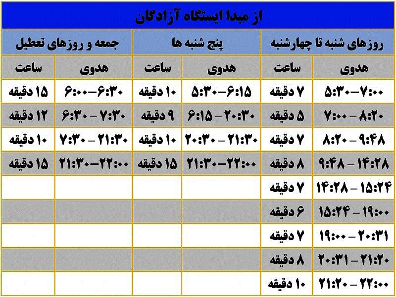 ساعت حرکت مترو تهران ایستگاه آزادگان خط 2