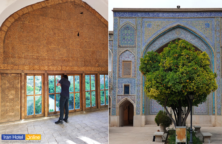 مدرسه خان و تصویری از نمای ساختمان با کاشی‌کاری های زیبا