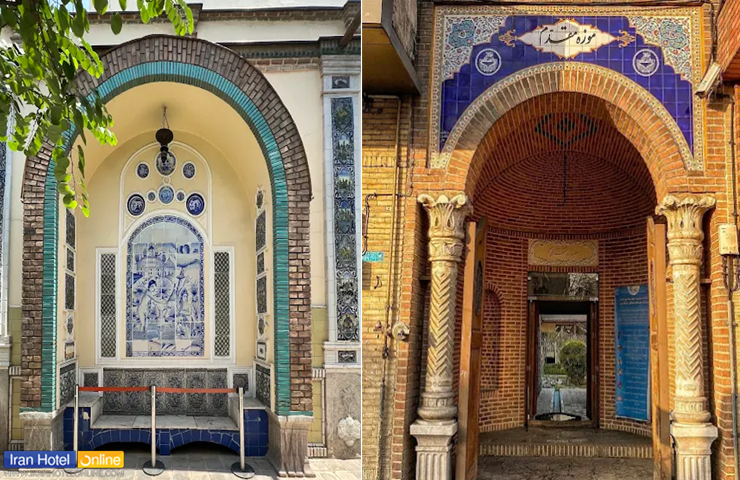 جاهای دیدنی تهران؛ دیدنی های تهران که نباید از دست بدهید! 82 دو قاب زیبا از فضای داخلی و سر در کاشی کاری شده موزه خانه مقدم تهران