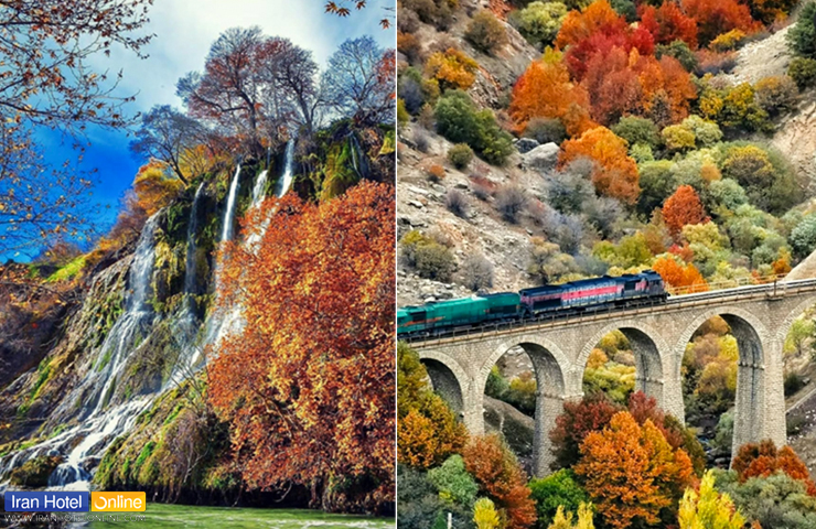 آبشار بیشه؛ نوازش زلال آب بر گیسوی درختان 2 پل زیبای قطار بیشه و تصویری از آبشار در یک روز پاییزی