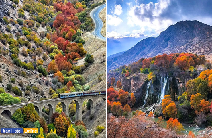 آبشار بیشه؛ نوازش زلال آب بر گیسوی درختان 4 دو عکس زیبا از دورنمای آبشار بیشه و پل ریلی ایستگاه بیشه دورود