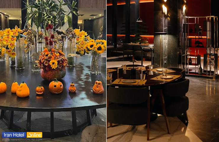 صبحانه هتل آراز نوشهر؛ تنوع خواکیهای لذیذ در هتلی لوکس 4 نمایی از فضای رستوران و دکور زیبای پاییزی در ورودی سالن صبحانه هتل آراز نوشهر