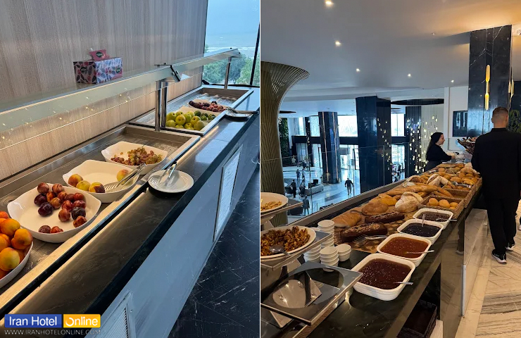 صبحانه هتل آراز نوشهر؛ تنوع خواکیهای لذیذ در هتلی لوکس 2 نمایی از میزهای پر شده با منو سرد صبحانه هتل آراز نوشهر از انواع میوه، مربا، خامه و...