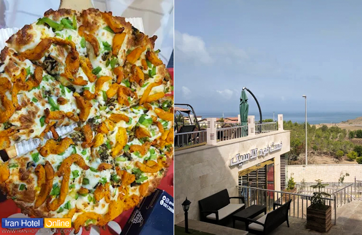 رستوران هتل لیپار چابهار؛ معرفی منو و قیمت غذاهای ایرانی و فرنگی 4 تصویری از پیتزای لذیذ در سمت چپ و عکسی از رستوران فست فود روف گاردن هتل لیپار