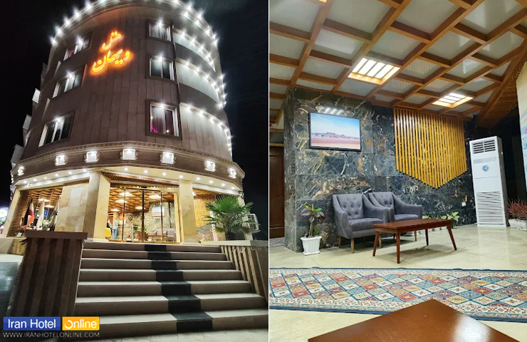 هتل های نزدیک مراکز خرید قشم و درگهان 8 تصویری از نمای ساختمان هتل ویهان قشم و عکسی از لابی این هتل