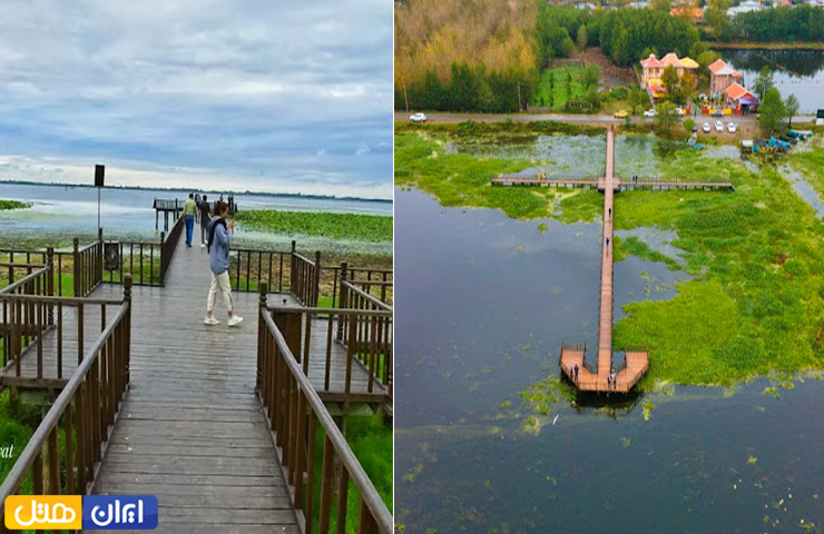 جاهای دیدنی اطراف بندر انزلی؛ از روستاهای توریستی تا مرداب و جنگل 7 دو تصویر زیبا از پل چوبی و نمایی از روستای آبکنار از بالا در بهار