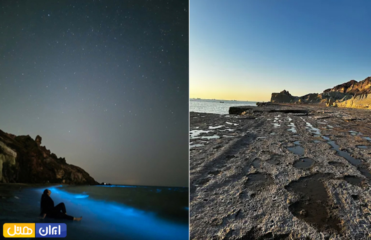 دو تصویر تماشایی از ساحل نورانی ساحل مفنق در شب و تخته‌سنگ‌های بزرگ این ساحل