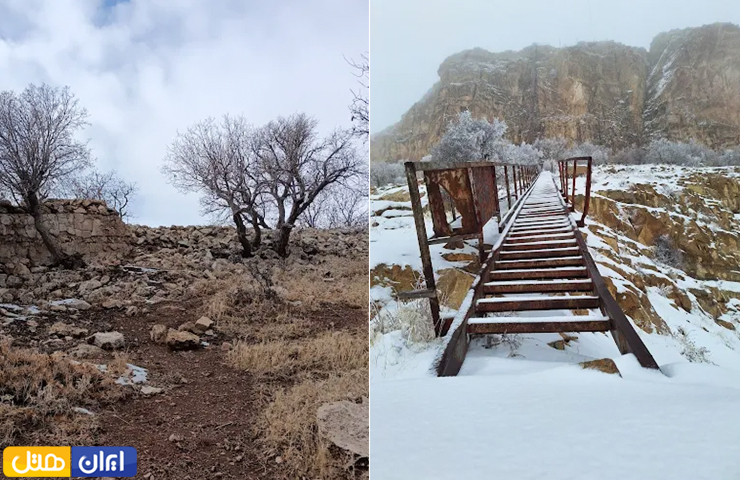 تصویری از پل کوتاه آهنی و بقایای قلعه اسماعیل در روز برفی