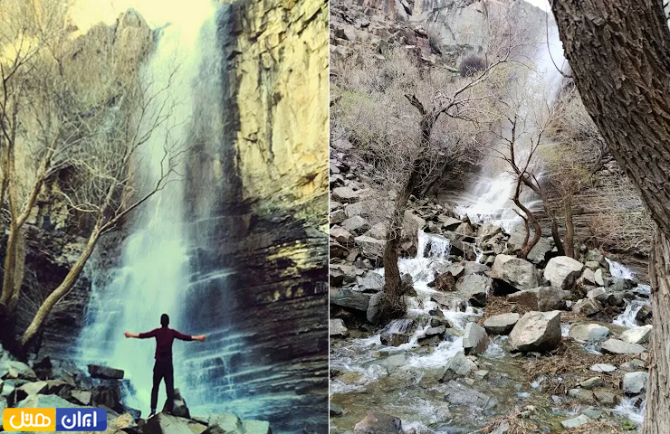 جاهای دیدنی قزوین، از الموت پر رمز و راز تا طبیعت چشمنواز 19 گردشگری که به تماشای آبشار وارچر قزوین ایستاده و تصویری از طبیعت پاییزی اطراف آبشار