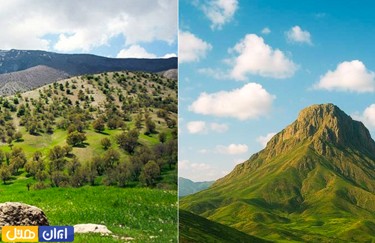 دو تصویر از دور نمای کوه آهوران و طبیعت زیبای بهاری در اطراف آن