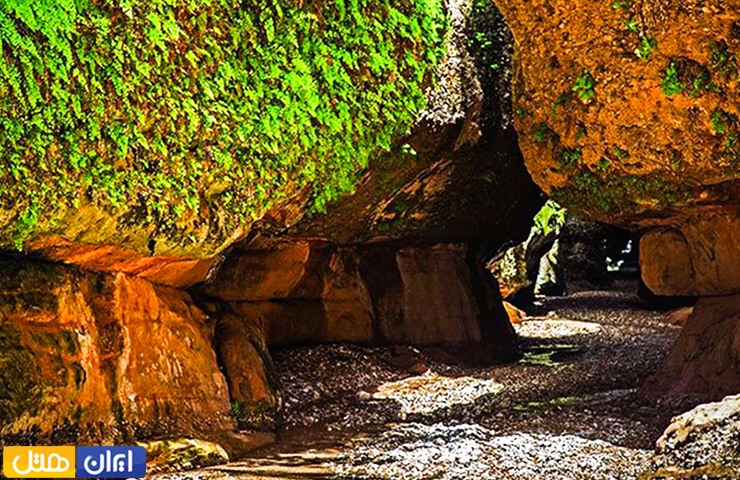 صخره‌های پوشیده از برگ در دهانه ورودی غار بهشت یا غار زینگان