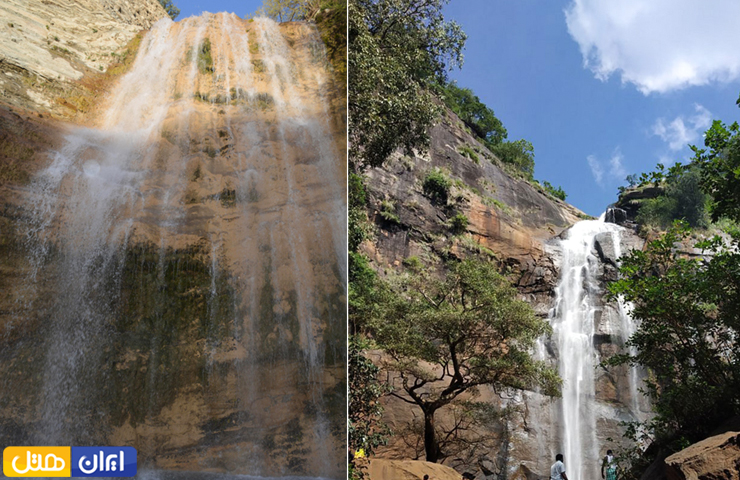 دو عکس زیبا از آبشار اما در فصل تابستان و گردشگرانی که برای تفریح به اینجا آمده‌اند