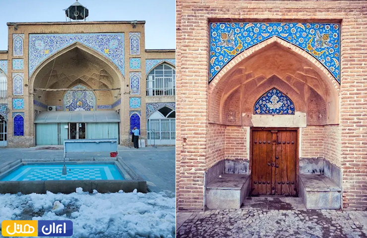 دو نمای زیبا از ورودی و صحن مسجد جامع شهرکرد در روز برفی