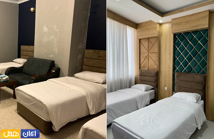دو عکس از فضای داخلی اتاق‌های هتل زاگرس ایلام