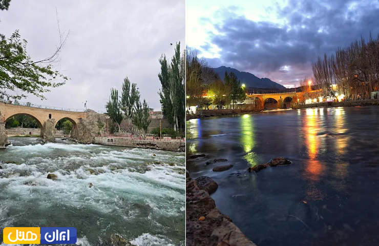 دو تصویر زیبا از شب و روز در پل تاریخی زمان خان و رودخانه زاینده رود در زیر آن