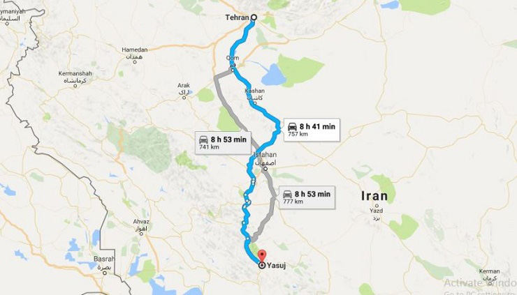 فاصله یاسوج تا تهران